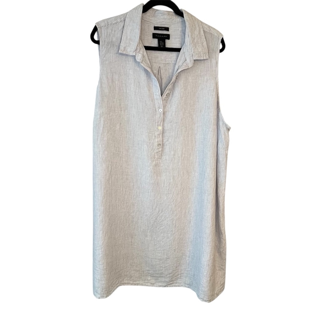 Tahari Light Gray Blue Striped Linen Plus Size Sleeveless Shirt Dress lagenlook - Picture 2 of 8